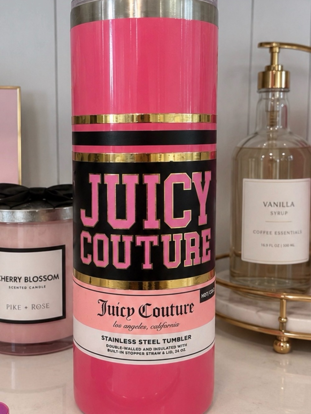 Juicy Couture Pink & Black Insulated Stainless Steel Tumbler with Gold Accent. .
